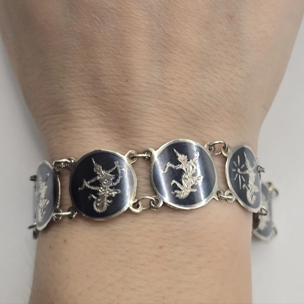 Vintage 1950s Siam Niello Sterling Silver Siam Dancer Fan linked bracelet